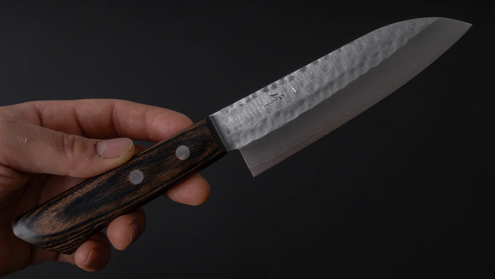 Hitohira NM Tsuchime Santoku 130mm Pakka Handle (No Bolster/ Brown) - HITOHIRA