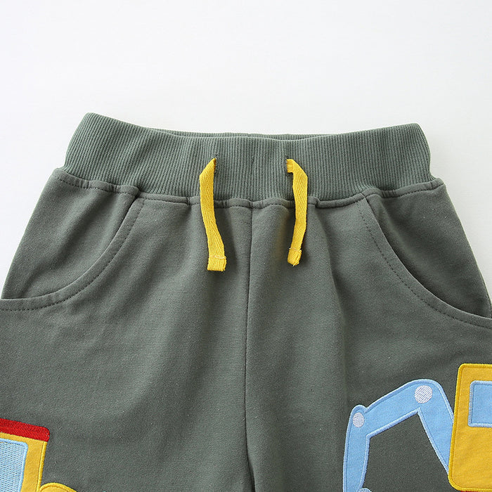 Kids Olive Green Casual Vehicle Design Shorts