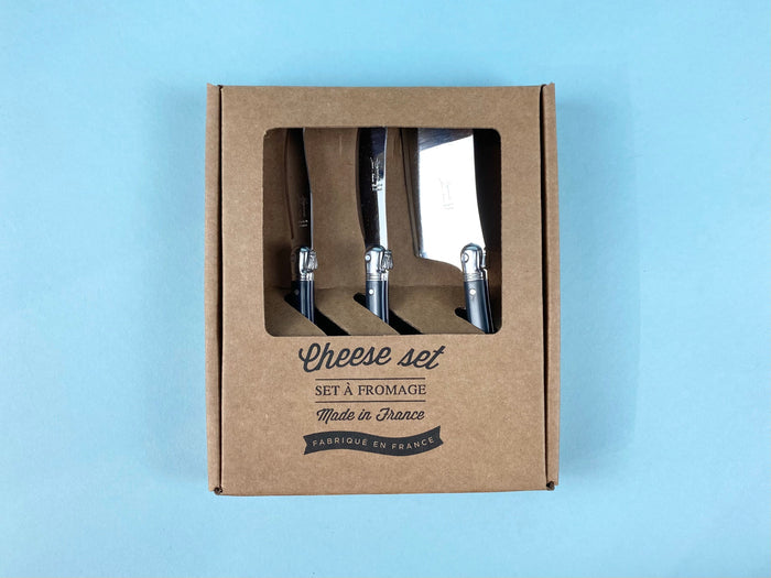 Laguiole 3 Piece Mini Cheese Utensil Set, Black Marble in Kraft Paper Box