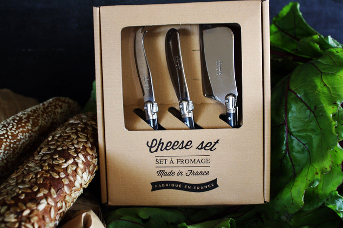 Laguiole 3 Piece Mini Cheese Utensil Set, Black Marble in Kraft Paper Box