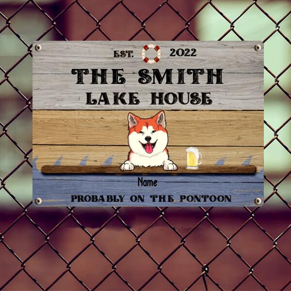 lake house decor Metal Lake House Sign, Gifts For Pet Lovers, Probably On The Pontoon Personalized Family Sign