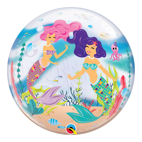 Round clear balloon with two mermaids and sea creatures.