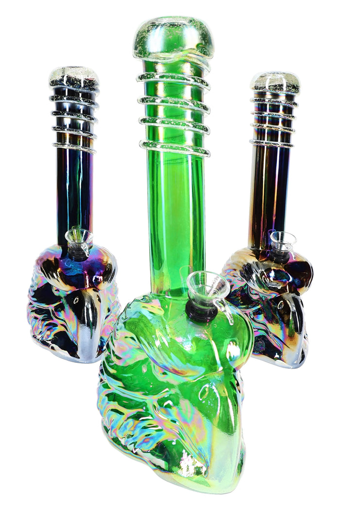 Three 11″ metallic eagle glass bongs with glow frit necks and sculpted bases, assorted colors on white
