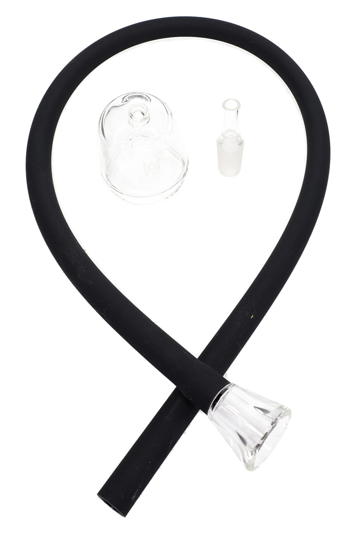 Complete MJ Arsenal Bridge kit for Puffco Peak with silicone hose, tapered glass tip, adapter, and glass top laid out on white background.