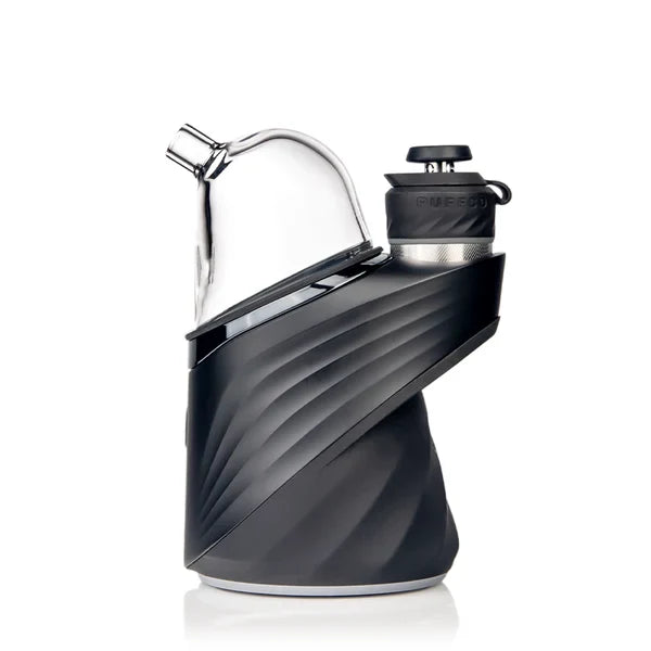 Puffco Peak base with MJ Arsenal Bridge glass top installed, side profile highlighting the curved outlet for hose connection.