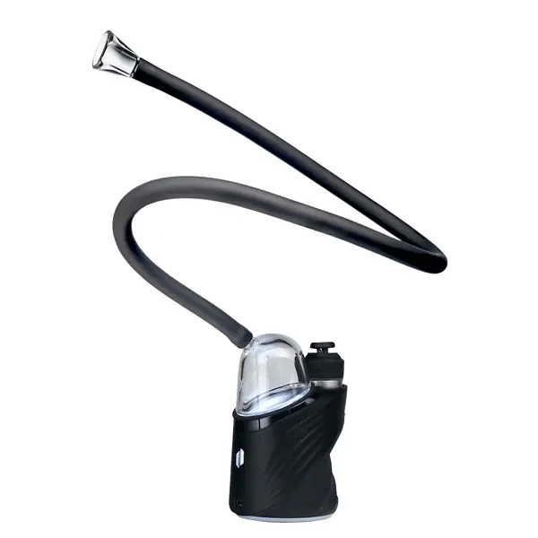 MJ Arsenal Bridge hose connected to Puffco Peak, extended silicone whip with tapered glass mouthpiece shown in use orientation.