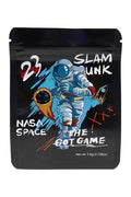 3.5 g mylar bag with astronaut slam-dunk art on black; compact ⅛ oz storage pouch in the “Slam Dunk” design.