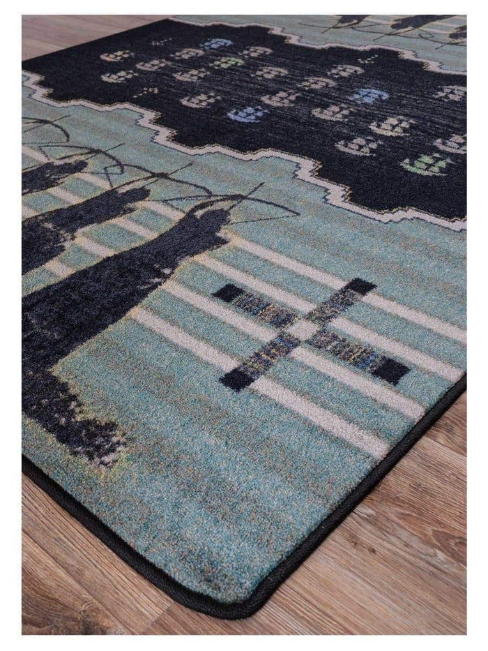 Native American Decor. Native Invaders Area Rug detail. Blue 5x8 made in the USA. Free shipping. Your Western Decor