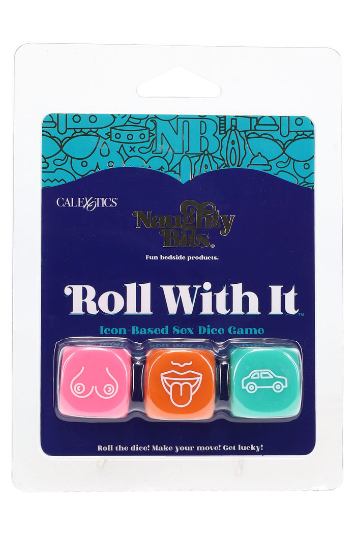 Naughty Bits Roll With It sex dice game blister pack with 3 acrylic dice in pink, orange, and teal