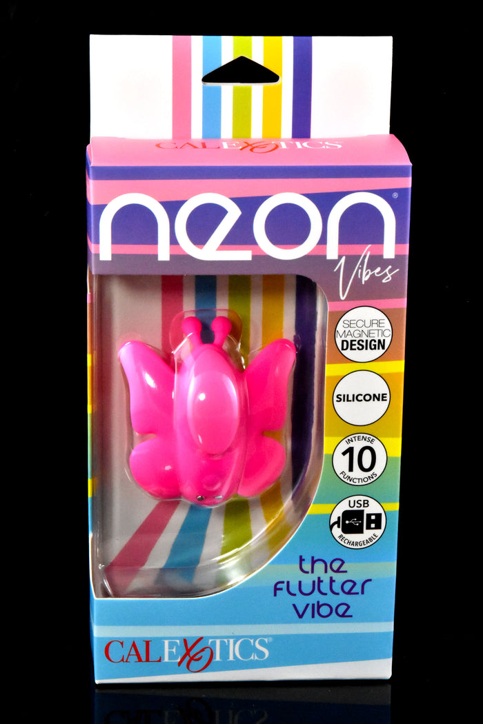 Close-up package of Neon Vibes “The Flutter Vibe” showing pink butterfly shape, silicone body, 10 vibration functions, and USB rechargeable details.