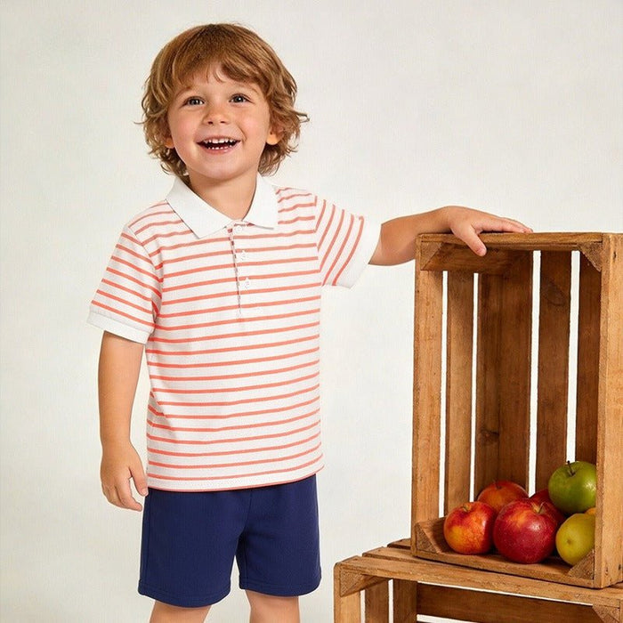 Orange Striped Polo Shirt with Navy Blue Shorts Set