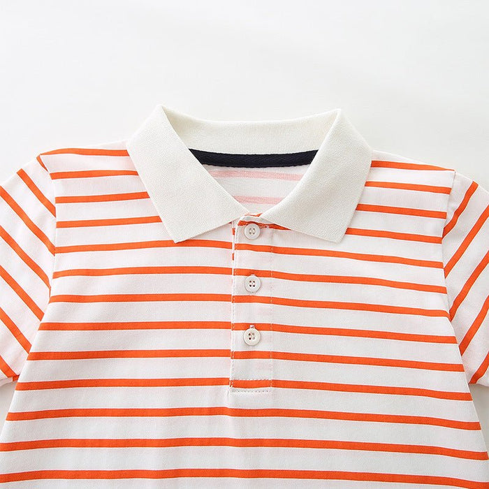 Orange Striped Polo Shirt with Navy Blue Shorts Set