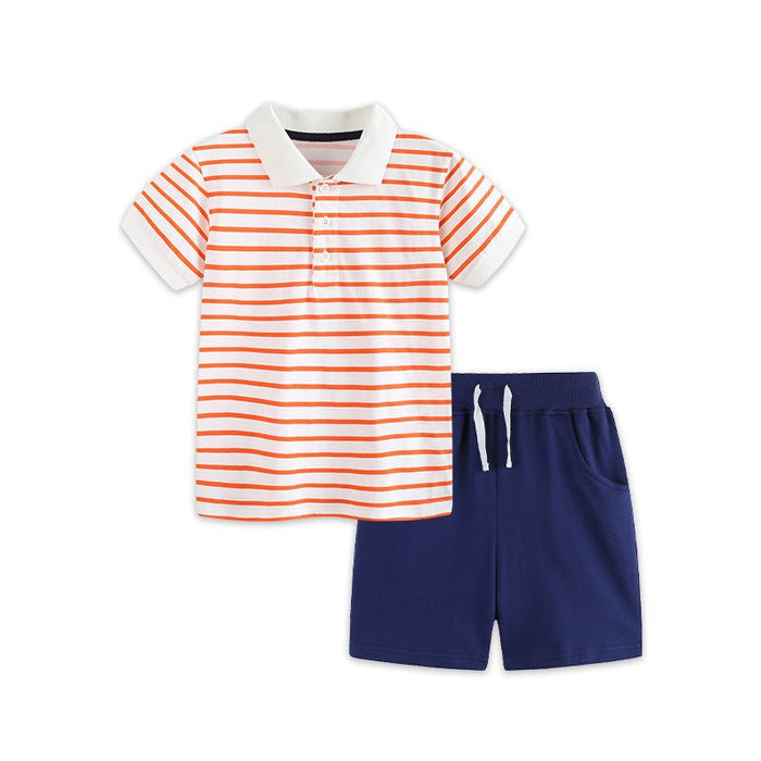 Orange Striped Polo Shirt with Navy Blue Shorts Set