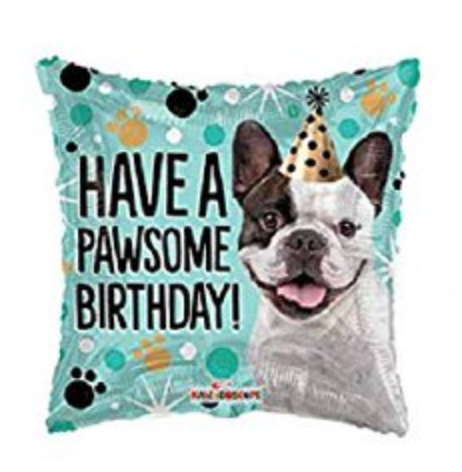teal dog balloon with a pug and text "have a pawsome birthday!"