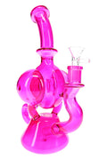 10″ pink glass-on-glass recycler bong with curved chamber and upright retail display angle
