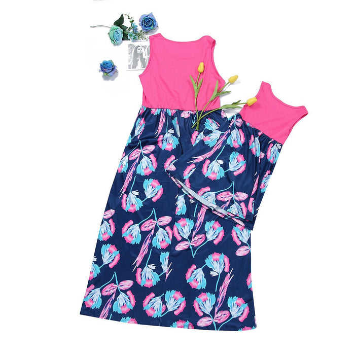 Pink Sleeveless Floral Print Dress for Mom and Me