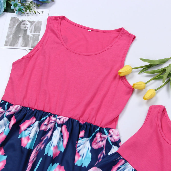 Pink Sleeveless Floral Print Dress for Mom and Me