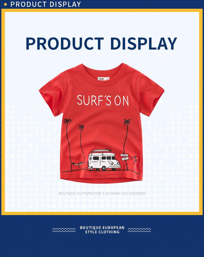 Summer Boys Premium Cotton T-Shirt with Summer Beach and Coconut Tree Elements - Kidsyard Greenland