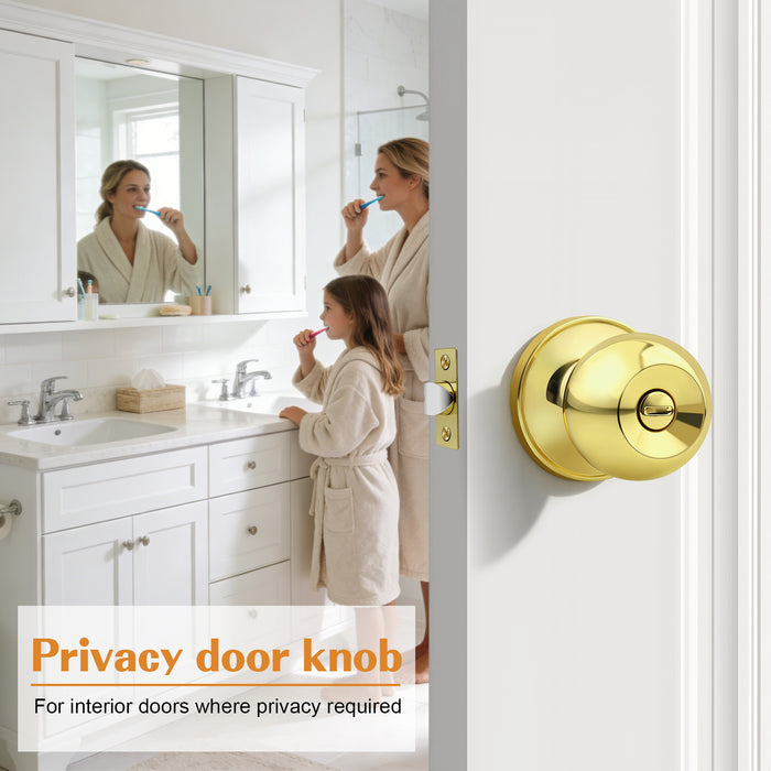 Probrico Privacy Interior Door Knobs Stainless Steel, Keyless Door Locks for Bedroom Bathroom, Polished Brass, 1 Pack