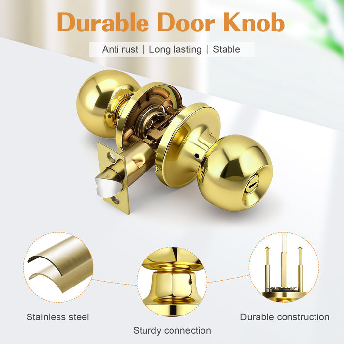 Probrico Privacy Interior Door Knobs Stainless Steel, Keyless Door Locks for Bedroom Bathroom, Polished Brass, 1 Pack