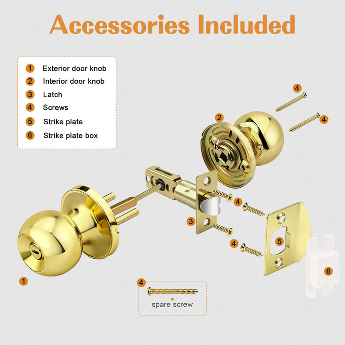 Probrico Privacy Interior Door Knobs Stainless Steel, Keyless Door Locks for Bedroom Bathroom, Polished Brass, 1 Pack