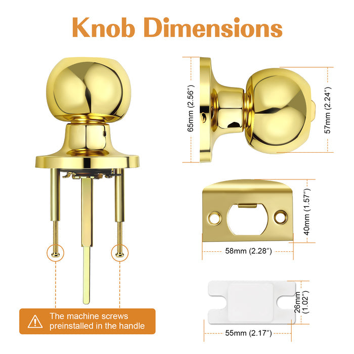 Probrico Privacy Interior Door Knobs Stainless Steel, Keyless Door Locks for Bedroom Bathroom, Polished Brass, 1 Pack