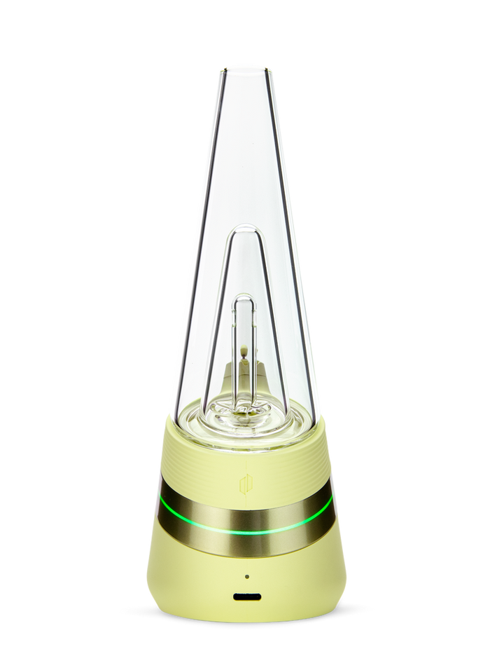 Puffco Peak Zest e-rig rear view showing USB-C port, green light ring, and clear glass top