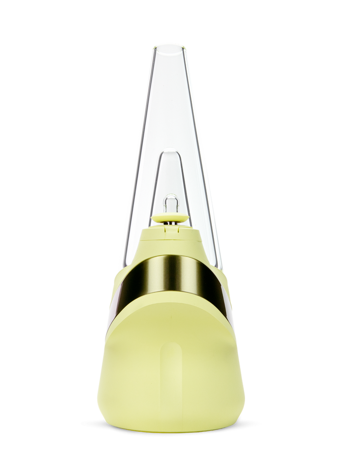 Puffco Peak Zest smart e-rig front view with curved base, glass attachment, and metallic band