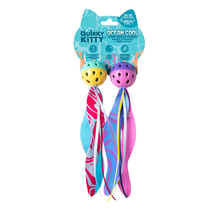 Quirky Kitty Catnip Seaweed Tumblers 2pk are ocean-themed cat toys with catnip, featuring colorful fabric tails and plastic balls, perfect for playful cats who love interactive fun. Brand: Quirky Kitty.