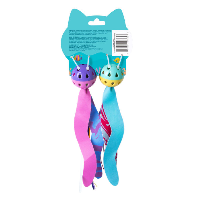 The Quirky Kitty Catnip Seaweed Tumblers 2pk features ocean-themed cat toys with catnip in cat-shaped packaging—one purple and pink, one teal and yellow—each with ribbon accents, jingly balls, and long fabric tails for playful feline fun.