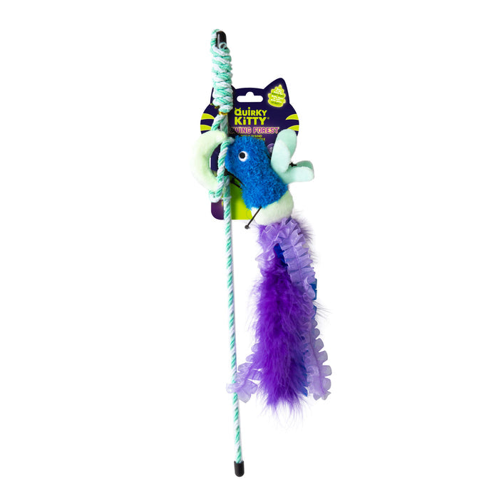 A glowing blue and white Quirky Kitty Firefly Wand with catnip, silvervine, plush fish, purple feathers, and curly ribbon on a striped wand is shown on a card labeled Quirky Kitty Firefly Wand – Glowing Cat Wand Toy.