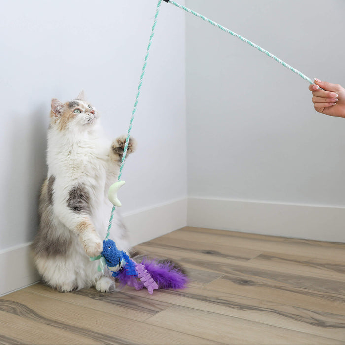 A fluffy white and gray cat sits on a wooden floor, reaching up to play with the Quirky Kitty Firefly Wand—a glowing cat wand toy with catnip and silvervine by Quirky Kitty, designed to keep playful kitties entertained.