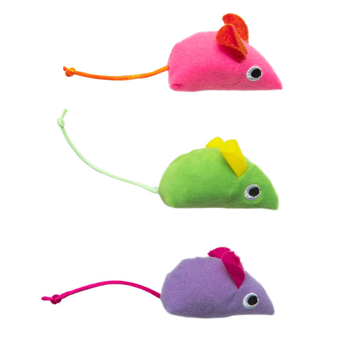 Three Quirky Kitty Glow Mice cat toys—pink, green, and purple with colorful ears—are arranged vertically on a white background. Each catnip & silvervine-filled toy features a long tail, glowing effect for nighttime play, and black-and-white eyes.