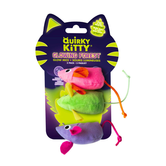 The Quirky Kitty Glow Mice 3pk features colorful catnip & silvervine-filled cat toys for nighttime play. Each mouse has a string tail, and the set is packaged on a purple Quirky Kitty card labeled "Glowing Forest Glow Mice, 3 Pack.