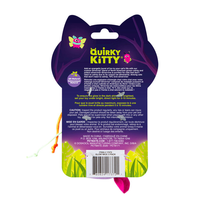 Back packaging of Quirky Kitty Glow Mice 3pk—catnip & silvervine-filled glowing cat toys for nighttime play, with a purple background, playful accents, product info, cautions—perfect for fans of interactive cat toys.