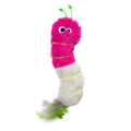 The Quirky Kitty Glow Worm Kicker is a catnip and silvervine cat toy that glows at night, featuring a plush caterpillar design with a bright pink head, googly eyes, green antennae, and a segmented white and pink fuzzy body.