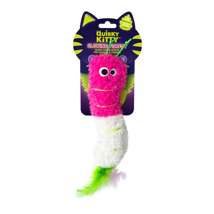 The Quirky Kitty Glow Worm Kicker is a pink and white fuzzy caterpillar-shaped cat toy with googly eyes, green feather tail, and glows at night. Infused with catnip and silvervine for extra fun. From Quirky Kitty’s Glowing Forest collection.