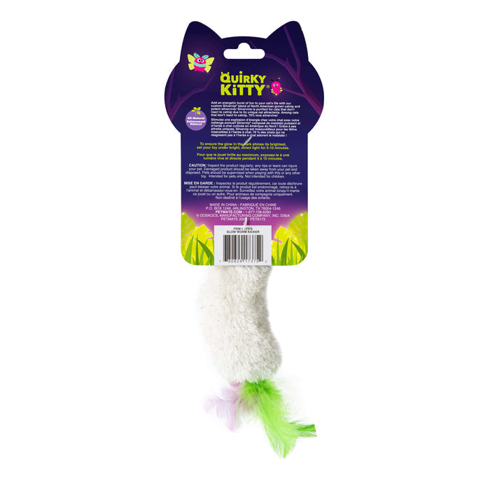The Quirky Kitty Glow Worm Kicker Catnip & Silvervine Cat Toy, glowing at night, comes on a purple cat ear-shaped card. The fuzzy white toy has a green and purple feathery tail. Packaging displays “Quirky Kitty” with product and safety info.