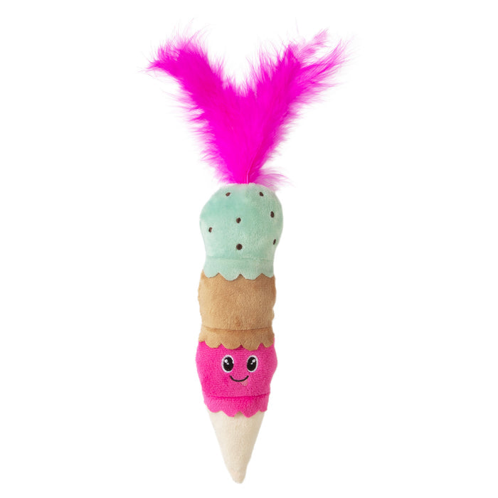 The Quirky Kitty Ice Cream Kicker Cat Toy by Quirky Kitty is an ice cream cone-shaped plush with three colorful, smiling scoops—mint green with spots, light brown, and pink—infused with enticing catnip. A tuft of bright pink feathers tops the cone for added feline fun.