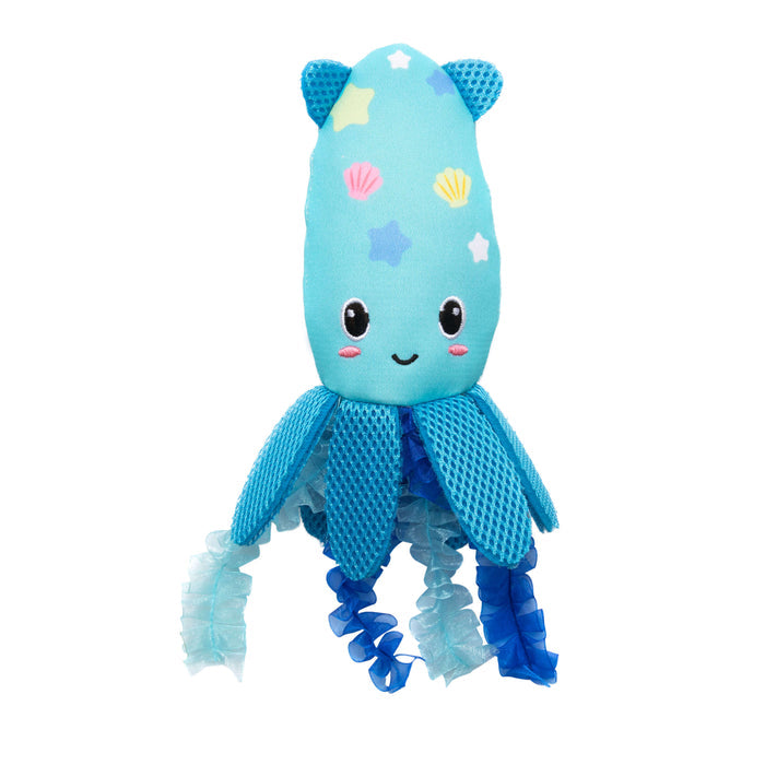 The Quirky Kitty Octopurr Kicker is a cute blue ocean-themed catnip toy featuring a smiling face, blushing cheeks, mesh-textured tentacles, and colorful star and shell patterns.