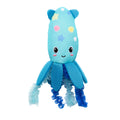 The Quirky Kitty Octopurr Kicker is a cute blue ocean-themed catnip toy featuring a smiling face, blushing cheeks, mesh-textured tentacles, and colorful star and shell patterns.