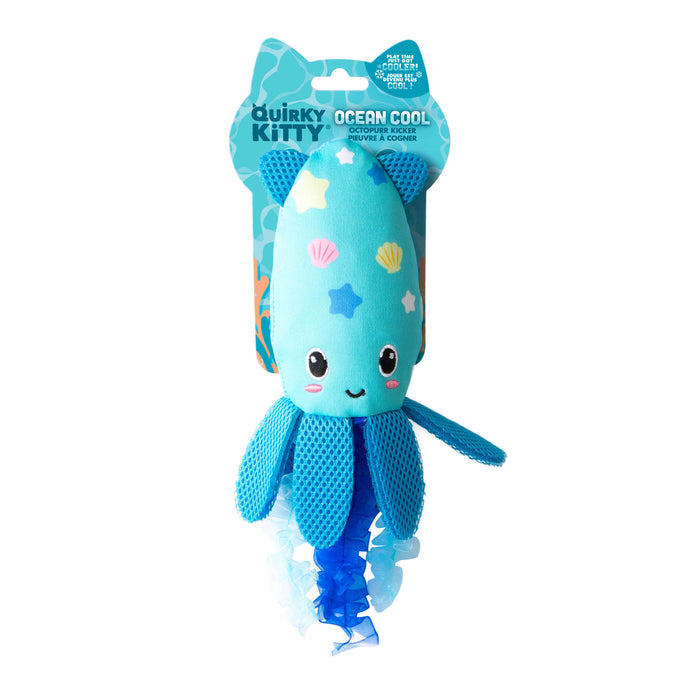 The Quirky Kitty Octopurr Kicker is a blue, ocean-themed plush catnip toy with a smiling face, mesh arms, and crinkly ribbons—a large playful cat toy from Quirky Kitty designed for fun feline kicks.
