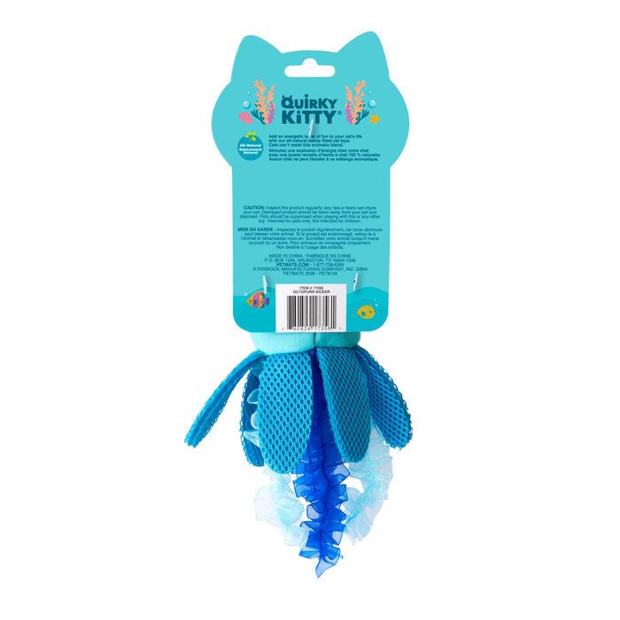 The Quirky Kitty Octopurr Kicker is a blue, ocean-themed catnip kicker toy with mesh and fabric textures, packaged in playful cat head–shaped Quirky Kitty packaging with seaweed and fish illustrations.