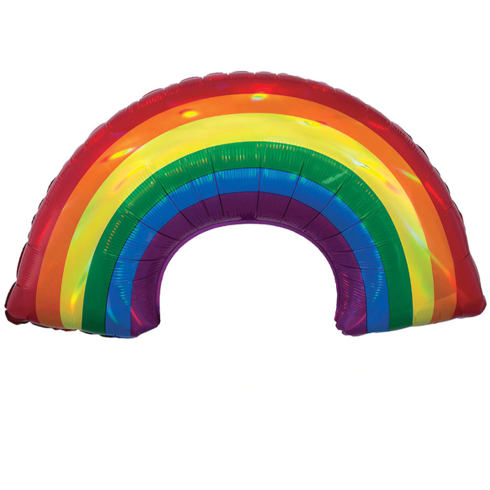 A 34-inch mylar rainbow-colored balloon, with a holographic pattern