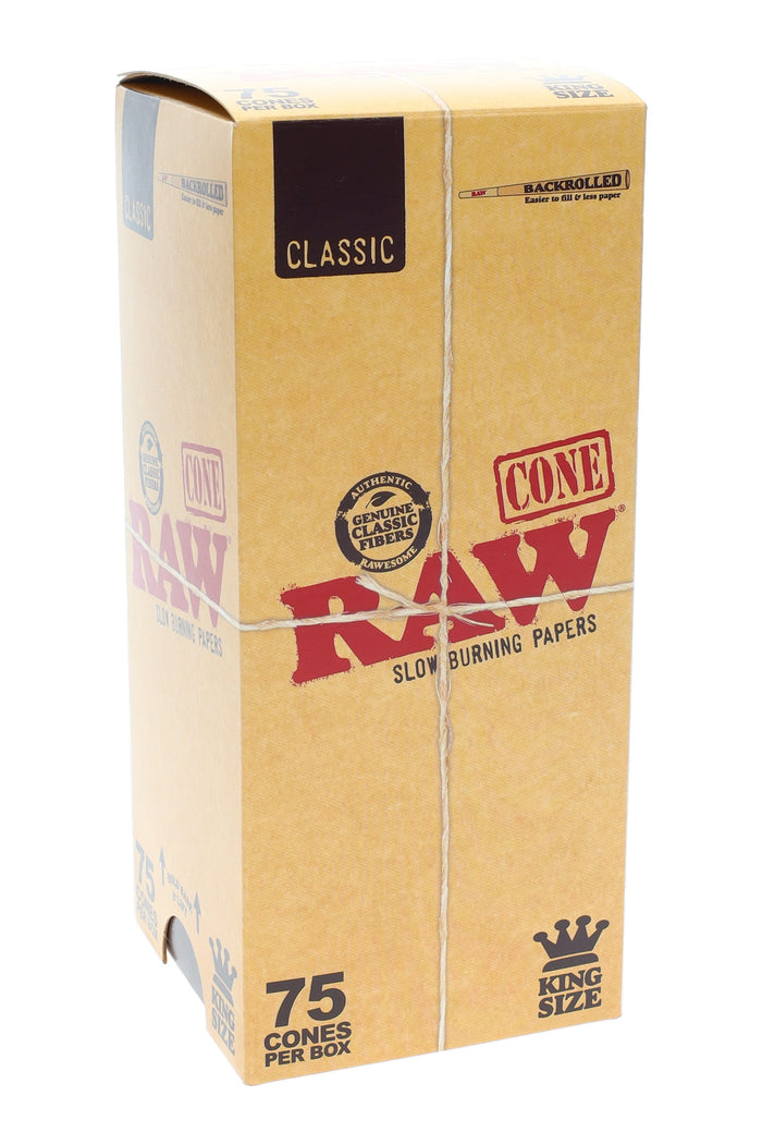 RAW Classic King Size pre-rolled cones 75-count box in kraft dispenser, natural rolling papers with built-in filter tips.