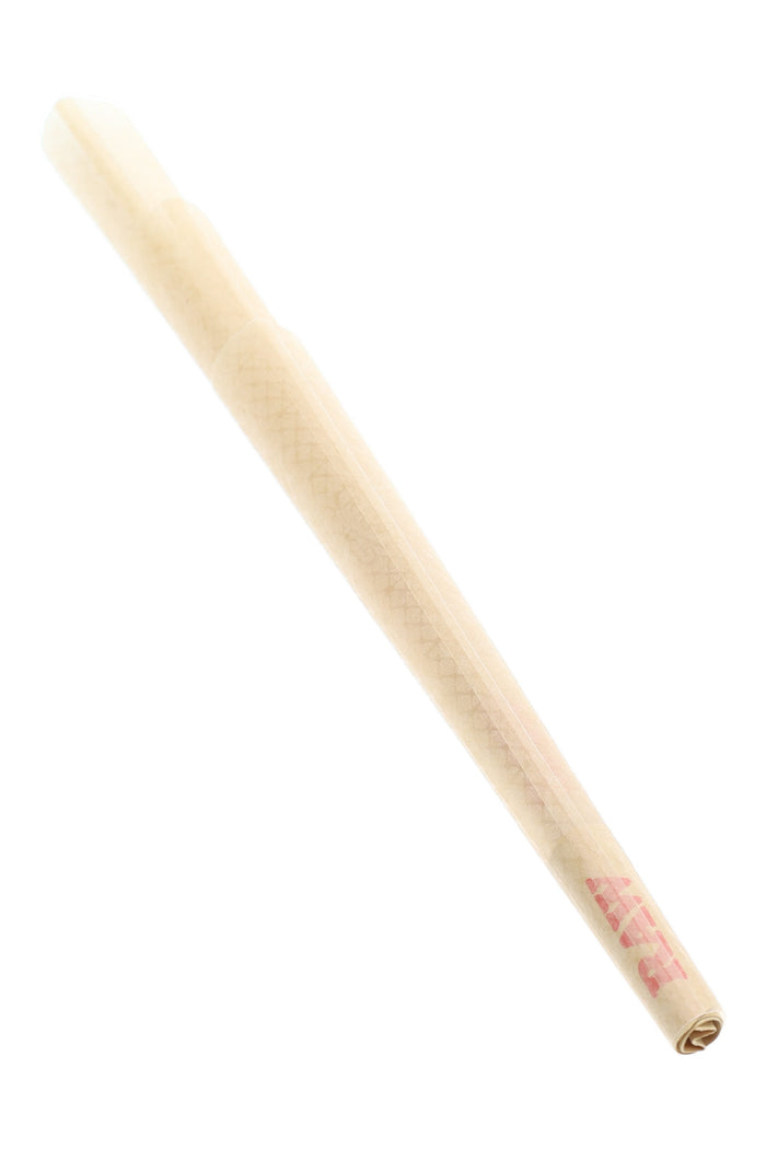 Single RAW Classic King Size cone with filter tip on white background, natural rolling paper ready to fill and twist.