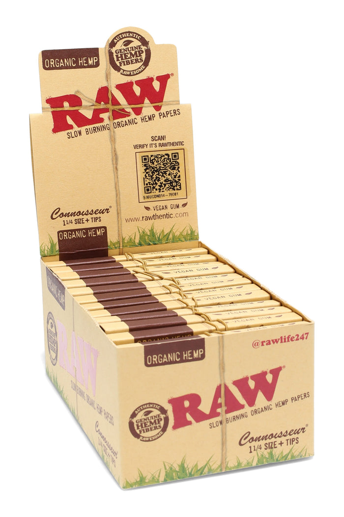 RAW Organic Hemp Connoisseur 1¼ papers with tips, 24-count display box in kraft finish with vegan gum callout and elastic-banded sleeves.