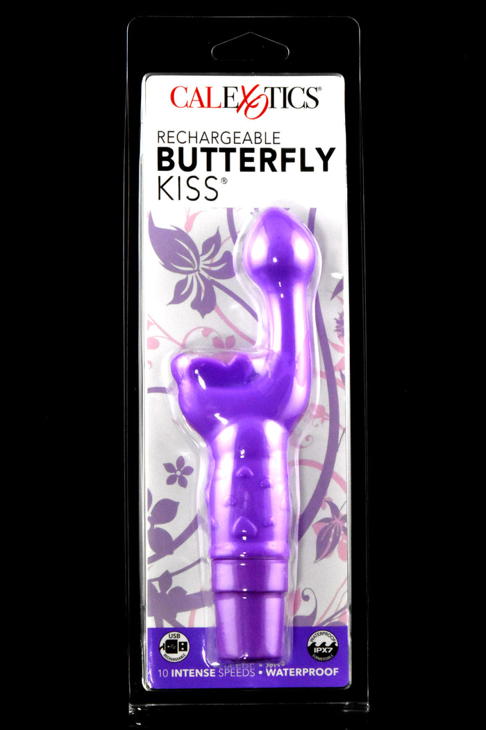 Purple Rechargeable Butterfly Kiss in black-backed blister pack; curved bulbous tip, butterfly stimulator, 10 speeds, IPX7, USB recharge.