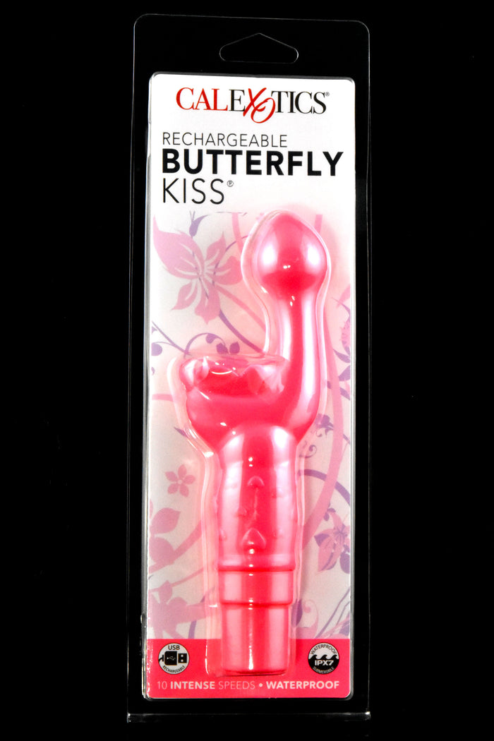 Pink Rechargeable Butterfly Kiss vibrator in black-backed retail pack; butterfly clitoral stimulator, 10 speeds, USB rechargeable, IPX7.