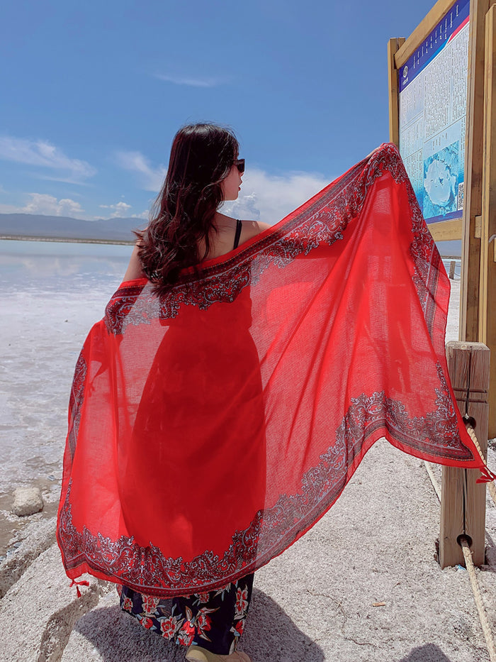 Red Ethnic Style Sunscreen Shawl Women's Summer Thin Style Wrapped with Silk Scarves, Beach Scarves